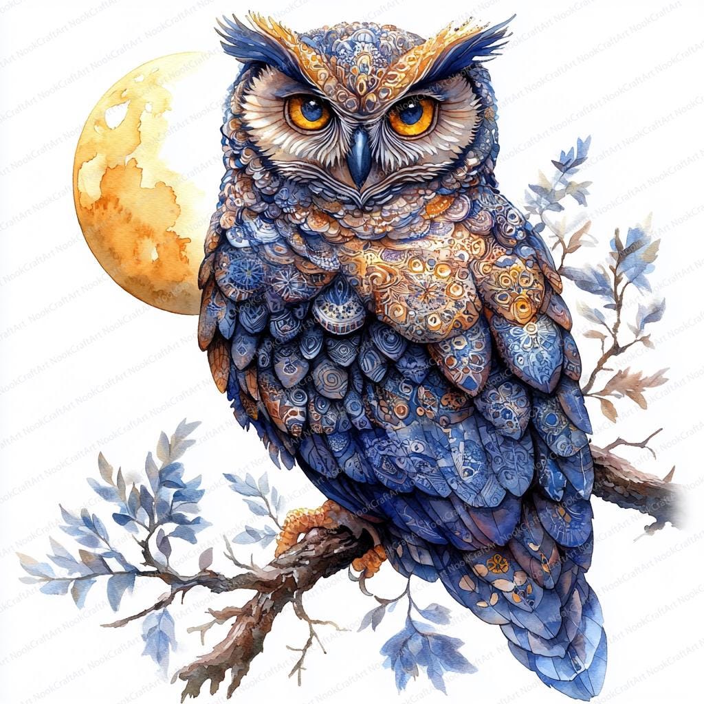 18 Mandala Owl Clipart | Intricate Winged Design | Printable Watercolor clipart | High Quality JPGs