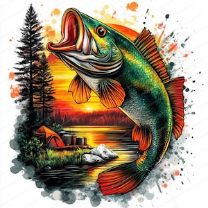 Colección de 18 peces lubina saltarines en acuarela. Clipart de acuarela imprimible. JPG de alta calidad. Descarga digital. Manualidades de papel.
