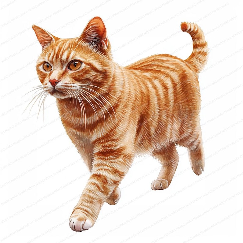May include: A ginger tabby cat with orange and white stripes walks with its tail curled up. The cat is looking to the left of the image.