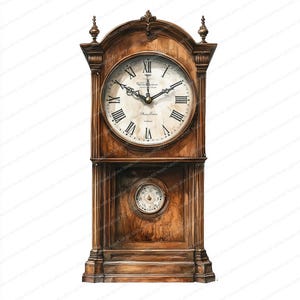 Könnte beinhalten: Eine braune Standuhr aus Holz mit einem großen Zifferblatt mit römischen Ziffern und schwarzen Zeigern. Darunter befindet sich ein kleineres kreisförmiges Zifferblatt. Die Uhr hat dekorative Schnitzereien.