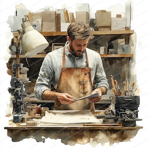 Puede incluir: Ilustración en acuarela de un artesano en un taller. Lleva un delantal de cuero marrón y una camisa azul claro. El taller tiene estanterías de madera con herramientas y suministros. Un escritorio con herramientas y papeles está en primer plano.