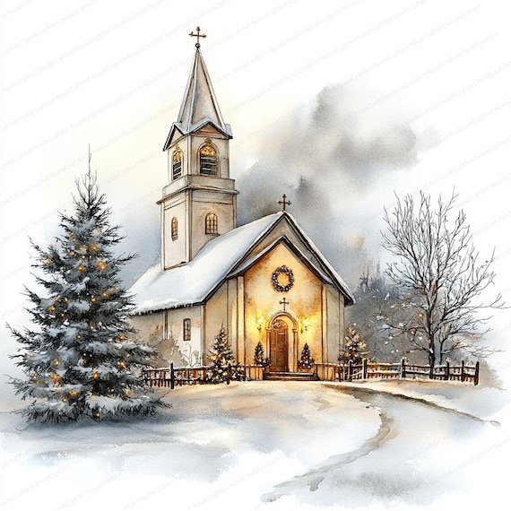 20 クリスマス教会クリップアート | 冬の教会のイラスト | 印刷