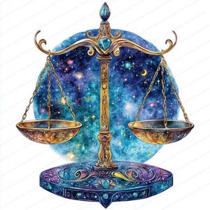 20 Cliparts Místicos do Zodíaco de Libra | Arte de Equilíbrio Astrológico | Clipart em Aquarela para Imprimir | JPGs de Alta Qualidade | Artesanato em Papel | Diário de Junções