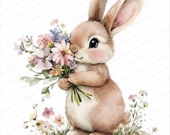 14 fichiers JPG représentant un lapin et une fleur | Clipart lapin | Lapin mignon | Clipart aquarelle imprimable | JPG de haute qualité | Téléchargement numérique | Créations en papier