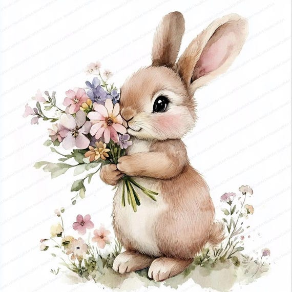 14 Bunny and Flower JPGs | Bunny clipart | Cute Bunny | Printable Watercolor clipart | High Quality JPGs | Digital download | Paper craft