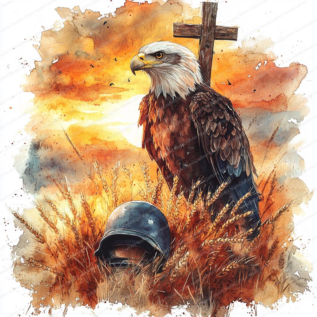 ヘルメットと十字架をつけた鷲のクリップアート：ミリタリー水彩