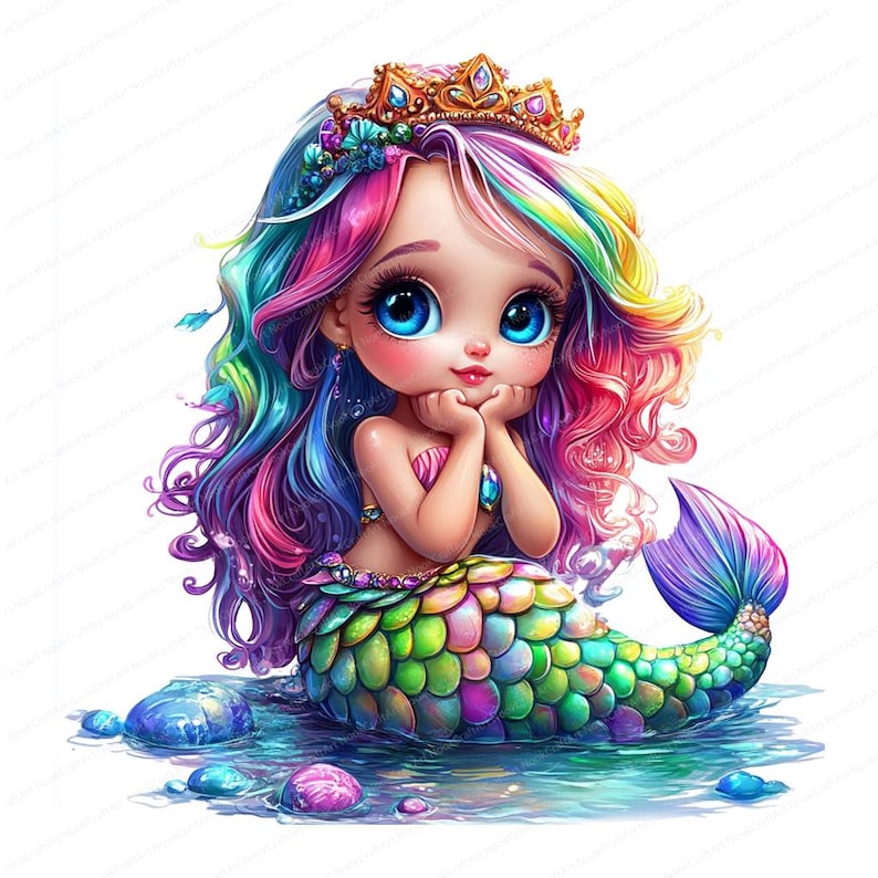 May include: A colorful mermaid with a rainbow-colored wig, a gold crown, and a green, blue, and purple iridescent tail. She is sitting in the water with rocks and bubbles around her.