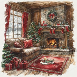 18 Christmas in the Living Room Den Clipart | Cozy Holiday Living Room | High Quality JPGs | Digital download | Paper craft | Junk journal