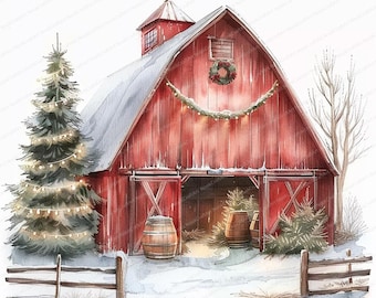 18 Christmas Red Barn Clipart | Festive Barn and Snowy Landscape | Printable Watercolor clipart | High Quality JPGs | Paper craft | journal
