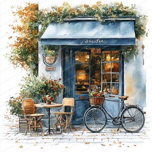 21 imágenes prediseñadas de bicicletas de café parisino / Arte vintage de cafetería francesa / Imágenes prediseñadas de acuarela imprimibles / JPG de alta calidad / Manualidades de papel / Diario