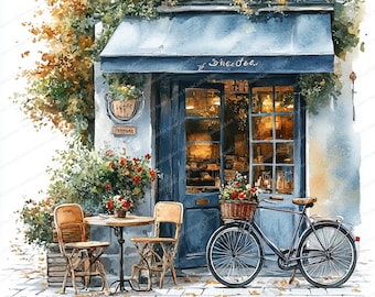21 Pariser Cafe Fahrrad Clipart | Vintage französische Kaffeestube Kunst | Druckbare Aquarell Clipart | Hochwertige JPGs | Papiermodell | Zeitschrift