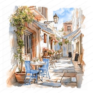 20 Clipart paysages de café grec | Clipart aquarelle imprimable | JPG de haute qualité | Téléchargement numérique | Créations en papier | Journal indésirable