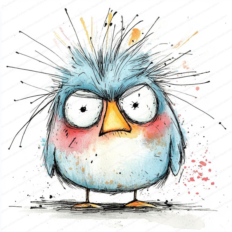 Puede incluir: Ilustraci&oacute;n en acuarela de un p&aacute;jaro azul gru&ntilde;&oacute;n con ojos grandes y pico amarillo. El p&aacute;jaro tiene el pelo desordenado y puntiagudo y mejillas rojas, con salpicaduras de pintura coloridas. El p&aacute;jaro est&aacute; de pie sobre dos patas delgadas.