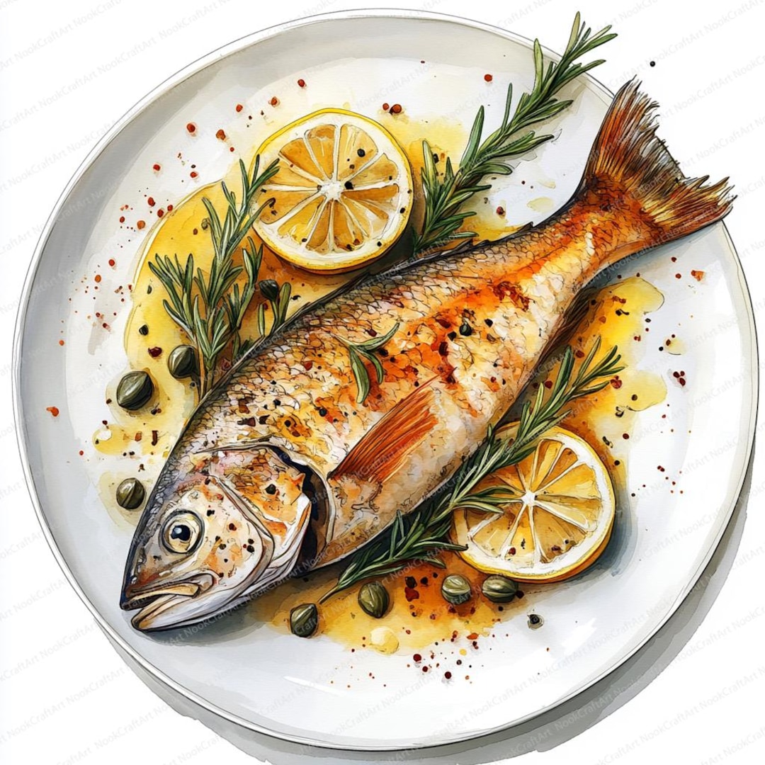 24 Fish Dish Clipart With Lemon | Culinary Seafood Illustration ...