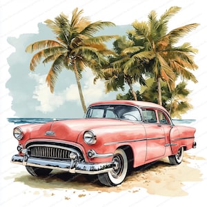 16 Retro Autos Clipart | Vintage 60er Jahre Autos unter Palmen | Druckbare Aquarell Clipart | Hochwertige JPGs | Papiermodell | Zeitschrift