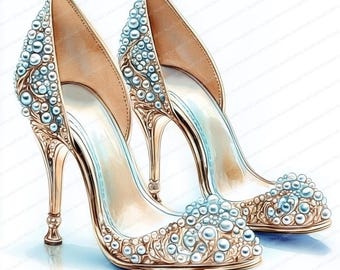 18 imágenes prediseñadas de tacones altos / zapatos de fiesta con perlas / imágenes prediseñadas de acuarela imprimibles / archivos JPG de alta calidad / descarga digital / manualidades de papel / diario basura
