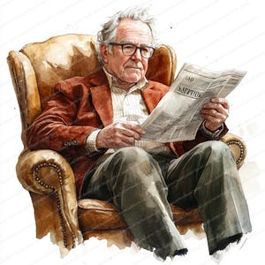 19 älterer Mann liest Zeitung Clipart | Vintage Senior Illustration Kunst | Druckbare Aquarell Clipart | Hochwertige JPGs | Junk Journal