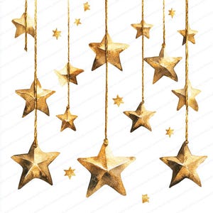 Può includere: Illustrazione ad acquerello di ornamenti a forma di stella dorata appesi a fili su sfondo bianco. Le stelle, di varie dimensioni, sono disposte in un motivo festoso e decorativo, perfetto per le decorazioni natalizie.