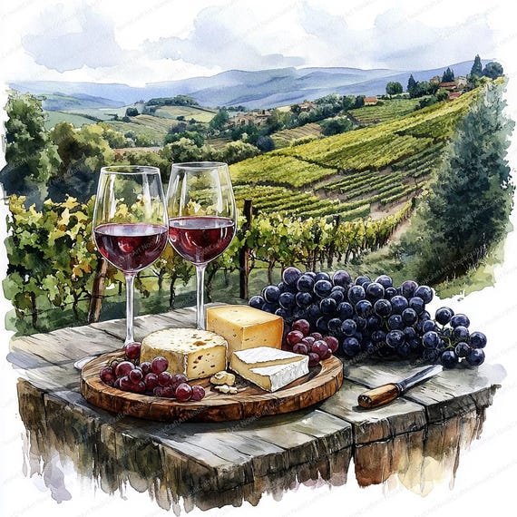 18 ワインとチーズのテーブル クリップアート | 風光明媚なブドウ園の