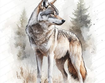 月明かりの中の狼のクリップアート 10 枚、狼の横顔、印刷可能な水彩画