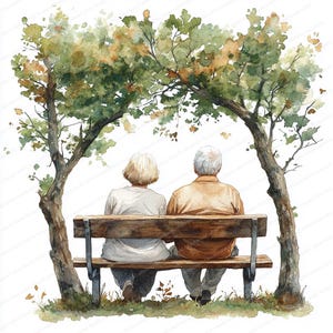 20 imágenes prediseñadas de pareja de ancianos en un banco / Escena de amor entre personas mayores en la naturaleza / Imágenes prediseñadas de acuarela imprimibles / JPG de alta calidad / Manualidades de papel / Diario