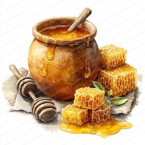 May include: Watercolor illustration of a honey pot with a wooden spoon, honey dipper, and honeycomb. The pot is filled with golden honey, with drips running down the side. Cubes of honeycomb and a honey dipper are next to the pot.