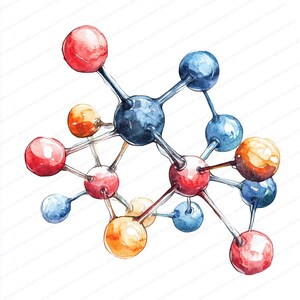 May include: A watercolour illustration of a molecular structure. The image shows interconnected spheres in red, blue, and orange, linked by thin, grey lines. The design is set against a white background, giving it a clean and scientific aesthetic.