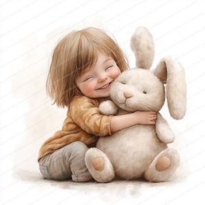 17 Criança Abraçando Coelho de Pelúcia Clipart | Criança Adorável com Ilustração de Brinquedo Gigante | Clipart de Aquarela para Imprimir | JPGs de Alta Qualidade | diário