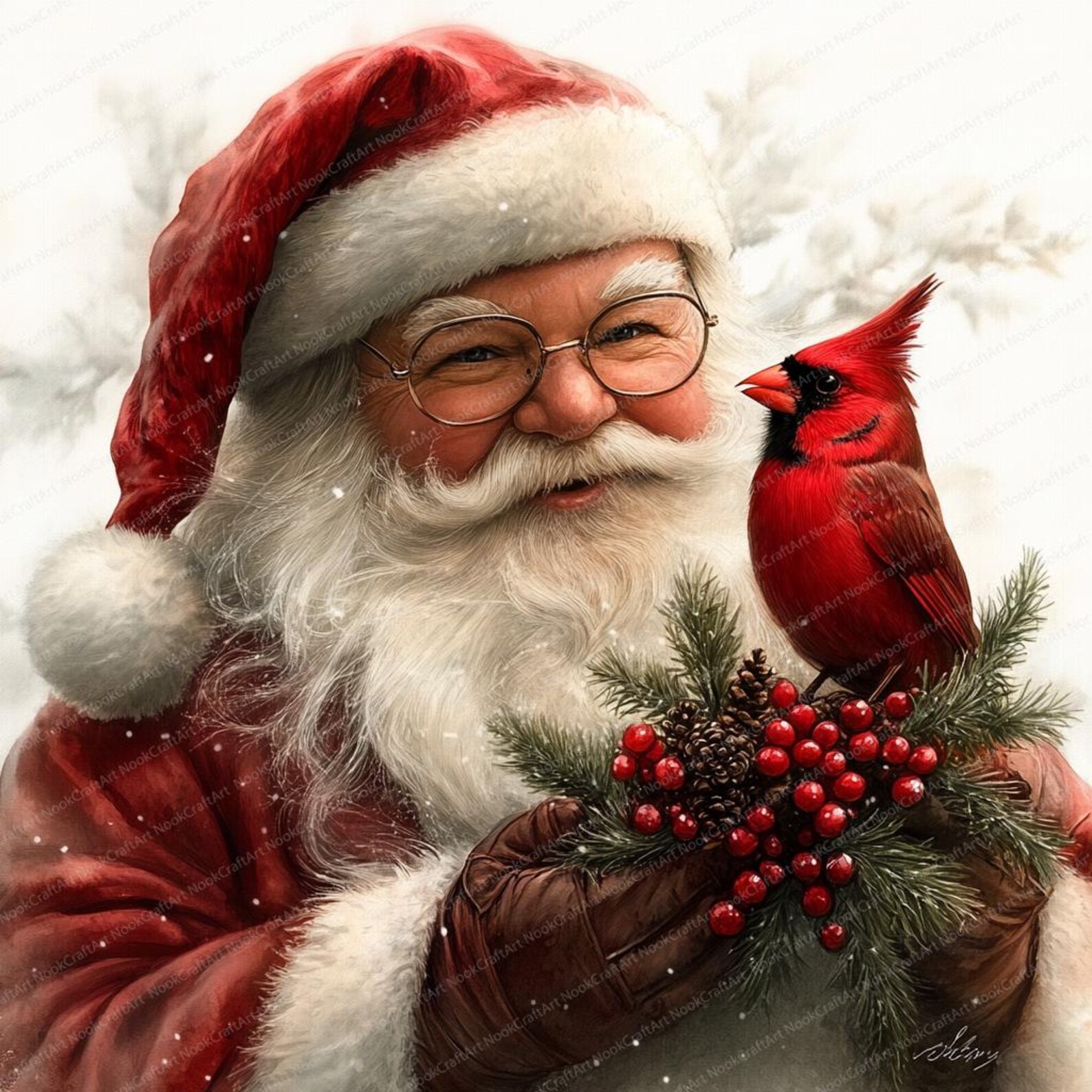 14 Vintage Santa With Cardinal Clipart | Printable Watercolor Clipart ...