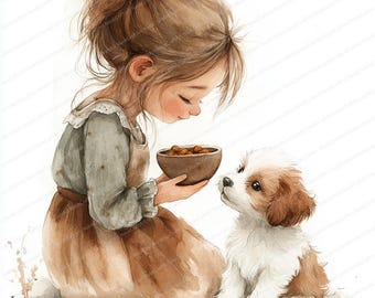 18 子犬に餌をやるクリップアート | 犬のボウルを持つ少女のシーン