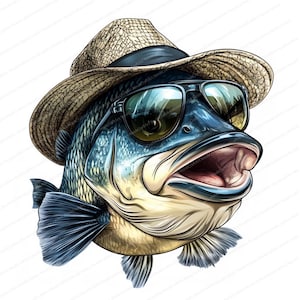 Op de afbeelding: Een cartoonillustratie van een vis die een strohoed en een zonnebril draagt. De vis heeft een wijd open mond en kijkt naar rechts. De hoed is bruin met een zwarte band en de zonnebril is zwart met blauwe glazen.
