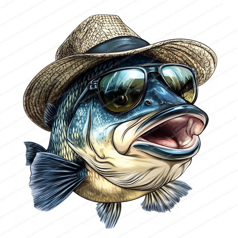 Op de afbeelding: Een cartoonillustratie van een vis die een strohoed en een zonnebril draagt. De vis heeft een wijd open mond en kijkt naar rechts. De hoed is bruin met een zwarte band en de zonnebril is zwart met blauwe glazen.