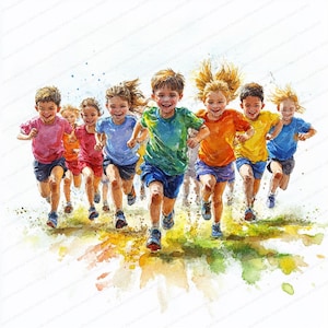 20 Clipart de Corrida Infantil | Ilustrações de Atletismo Infantil | Clipart de Aquarela para Imprimir | JPGs de Alta Qualidade | Diário de Lixo