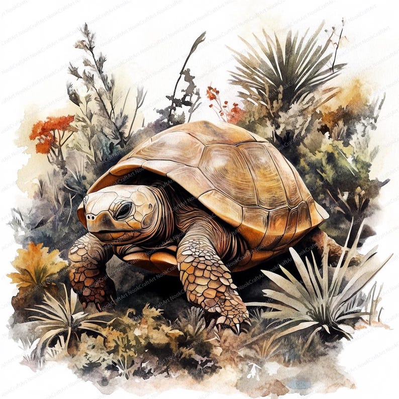 May include: A watercolor painting of a brown tortoise walking through a patch of green and brown plants. The tortoise has a textured shell and is walking on its four legs.