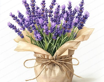 May include: A watercolor illustration of a bouquet of lavender flowers. The purple flowers are in full bloom, with green stems and leaves. The bouquet is wrapped in brown paper and tied with twine, creating a rustic and natural aesthetic.