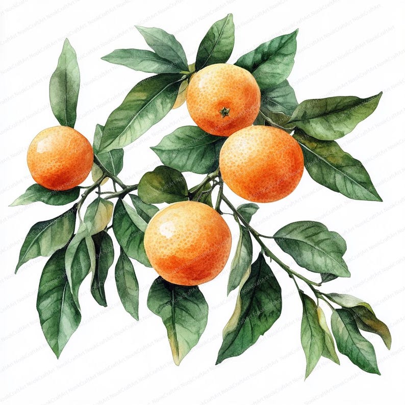 May include: A watercolor painting of a branch of a citrus tree with four ripe oranges. The oranges are a vibrant orange color and the leaves are a deep green.