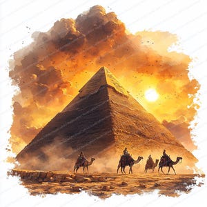 May include: An artistic rendering of the Great Pyramid of Giza under a dramatic sunset. The image features a large pyramid, camels with riders, and a vibrant sky filled with clouds and birds. The color palette includes warm tones of orange, yellow, and brown.
