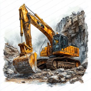 May include: A yellow Caterpillar excavator with a large metal bucket is digging into a rocky hillside. The excavator is on a set of tracks and has a large cab with a window.