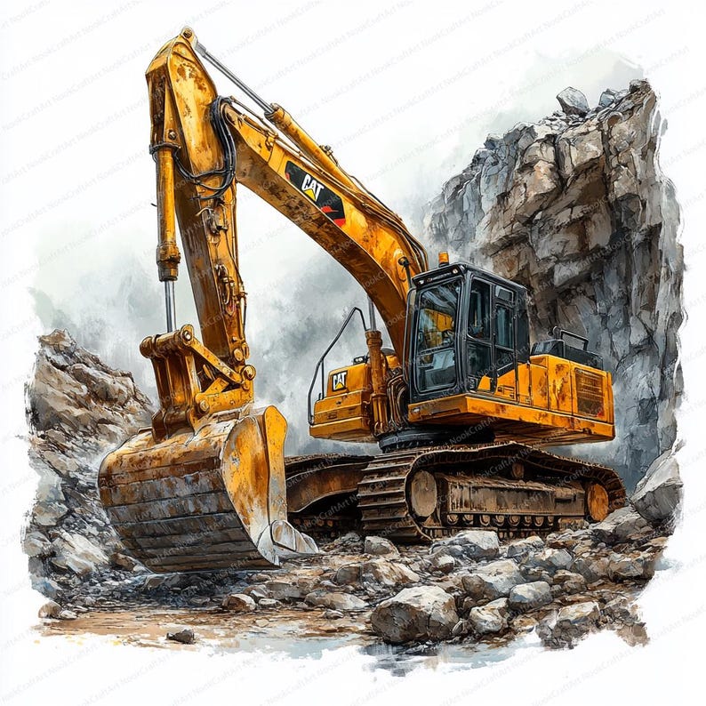 May include: A yellow Caterpillar excavator with a large metal bucket is digging into a rocky hillside. The excavator is on a set of tracks and has a large cab with a window.