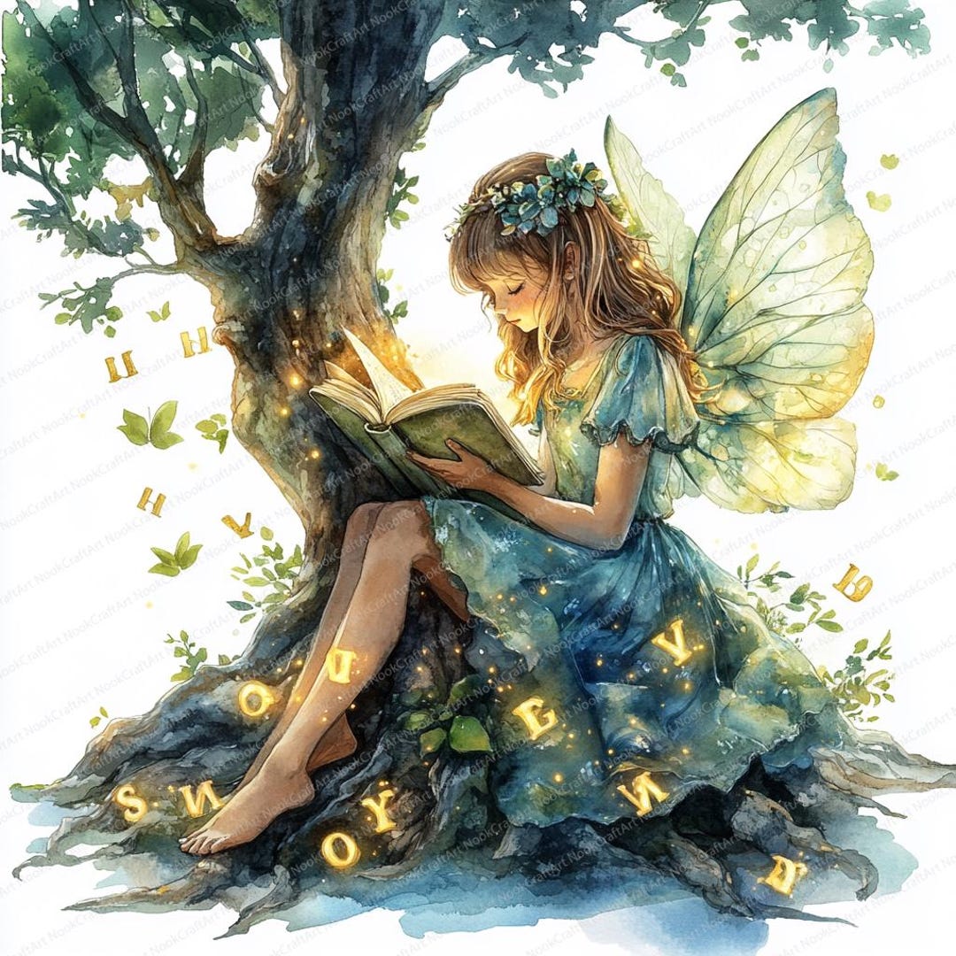 18 妖精と本のイラスト | 魅惑的な読書イラスト | 印刷可能な水彩画の