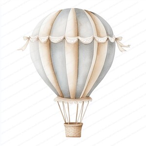 Op de afbeelding: Een aquarel-illustratie van een lichtblauwe en beige luchtballon met een witte kantversiering. De ballon heeft een mand van gevlochten wilgentenen en zweeft in de lucht.
