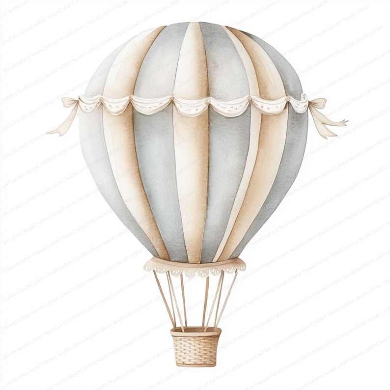 Op de afbeelding: Een aquarel-illustratie van een lichtblauwe en beige luchtballon met een witte kantversiering. De ballon heeft een mand van gevlochten wilgentenen en zweeft in de lucht.