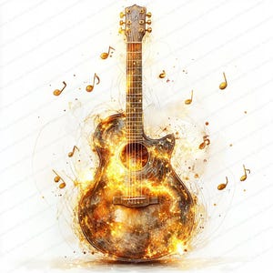 Op de afbeelding: Een artistieke illustratie van een akoestische gitaar met een vurige, gouden gloed. Muzieknoten omringen de gitaar, wat wijst op een muzikaal thema. Het kunstwerk staat tegen een witte achtergrond, wat de details van het instrument en de dynamische energie van het ontwerp benadrukt.
