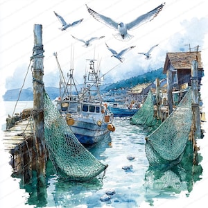 Puede incluir: Pintura a la acuarela de una escena portuaria con barcos de pesca, muelles y gaviotas en vuelo. Los barcos están atracados en el agua, con redes de pesca colgadas de los muelles. El cielo es azul claro y el agua refleja los barcos y el cielo.