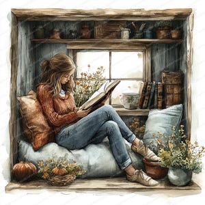 22 Girl with Book Clipart | Cozy Reading Window Illustration | Printable Watercolor clipart | High Quality JPGs | Paper craft | Junk journal