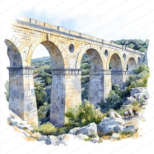 Könnte beinhalten: Aquarellmalerei einer antiken Stein-Aquäduktbrücke mit mehreren Bögen. Die Brücke ist aus hellbeigem Stein gebaut und überspannt ein Tal voller grüner Blätter. Eine kleine Herde Tiere geht einen Weg in der Nähe der Brücke entlang.