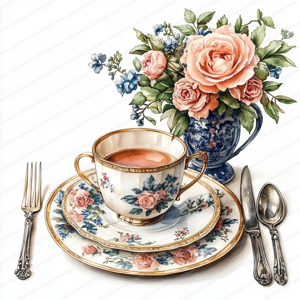 Tableware Graphics Picture 24 Vintage Tableware Clipart | Retro Crockery Graphics | Printable ...