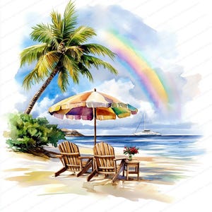 20 Watercolor Tropical Beach Clipart | Summer Ocean Designs | Vacation Scenery | Tropical Sunsets & Morning Sunrises | Clipart Collection