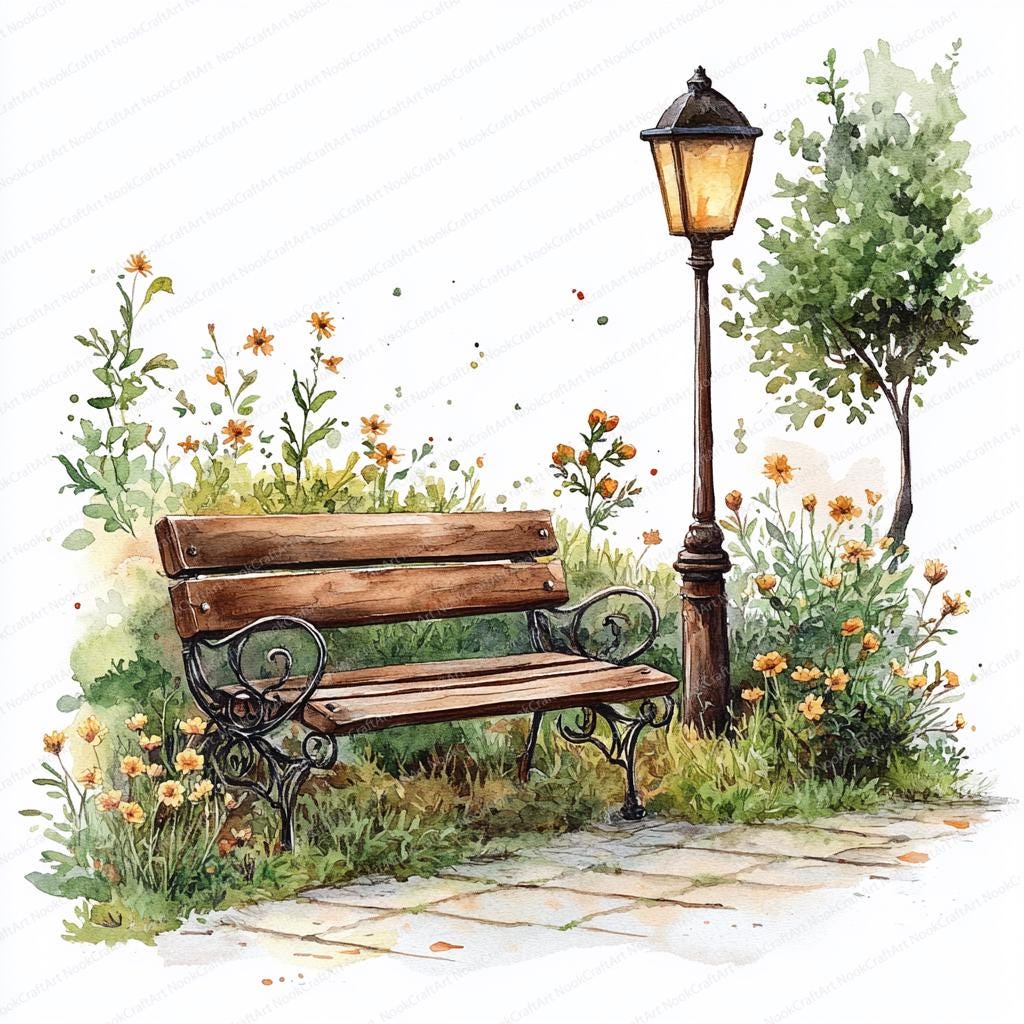 20 春の公園のランタンベンチのクリップアート | 穏やかな夜のイラスト