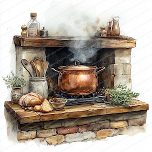 May include: Watercolor illustration of a rustic kitchen scene. A copper pot steams on a stove, surrounded by bread, herbs, and various kitchen tools. The scene is set within a brick and wood structure.